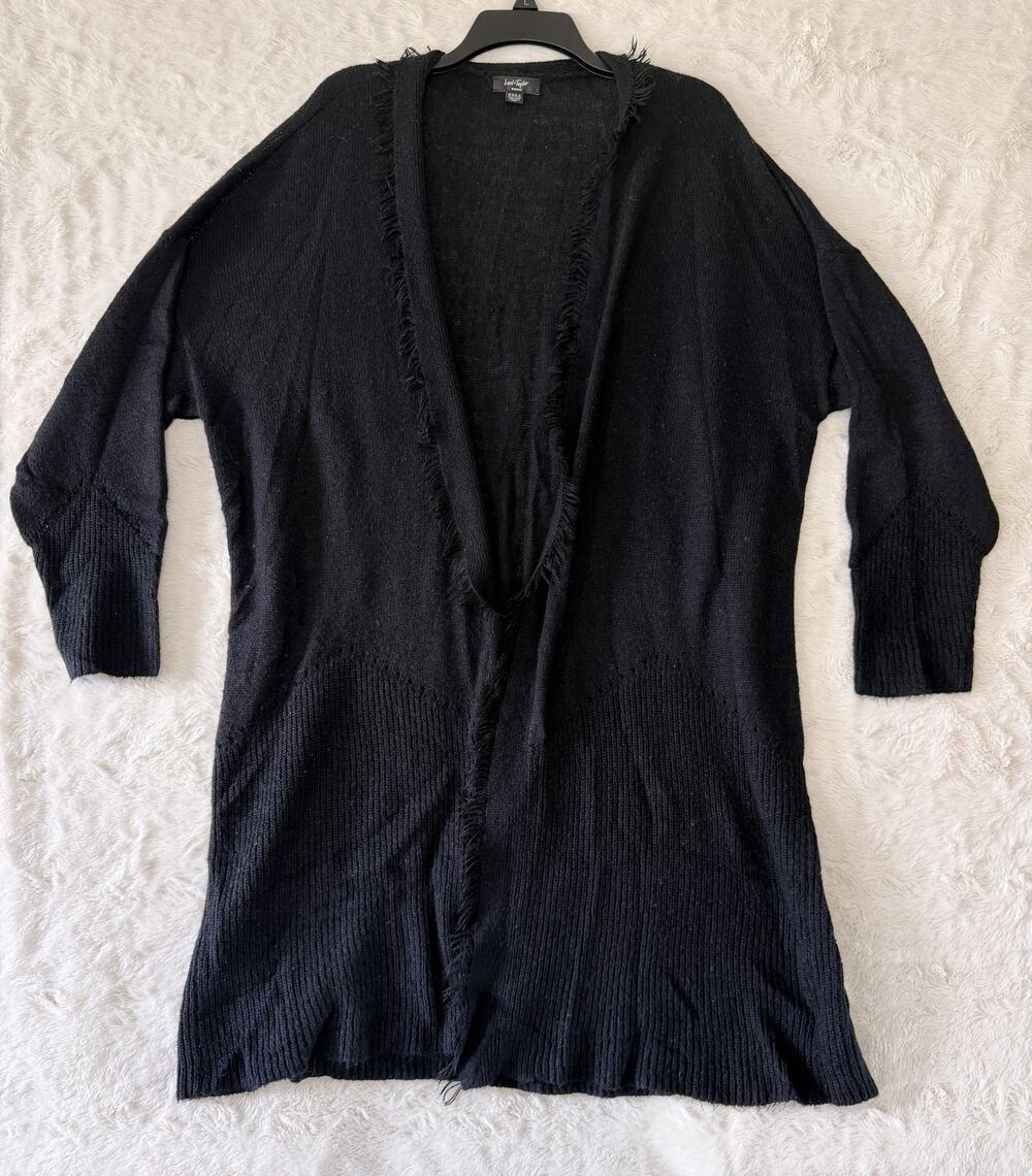 Lord & Taylor Woman Black Fringed Open Front Cardigan Sweater Womens 2X Draped